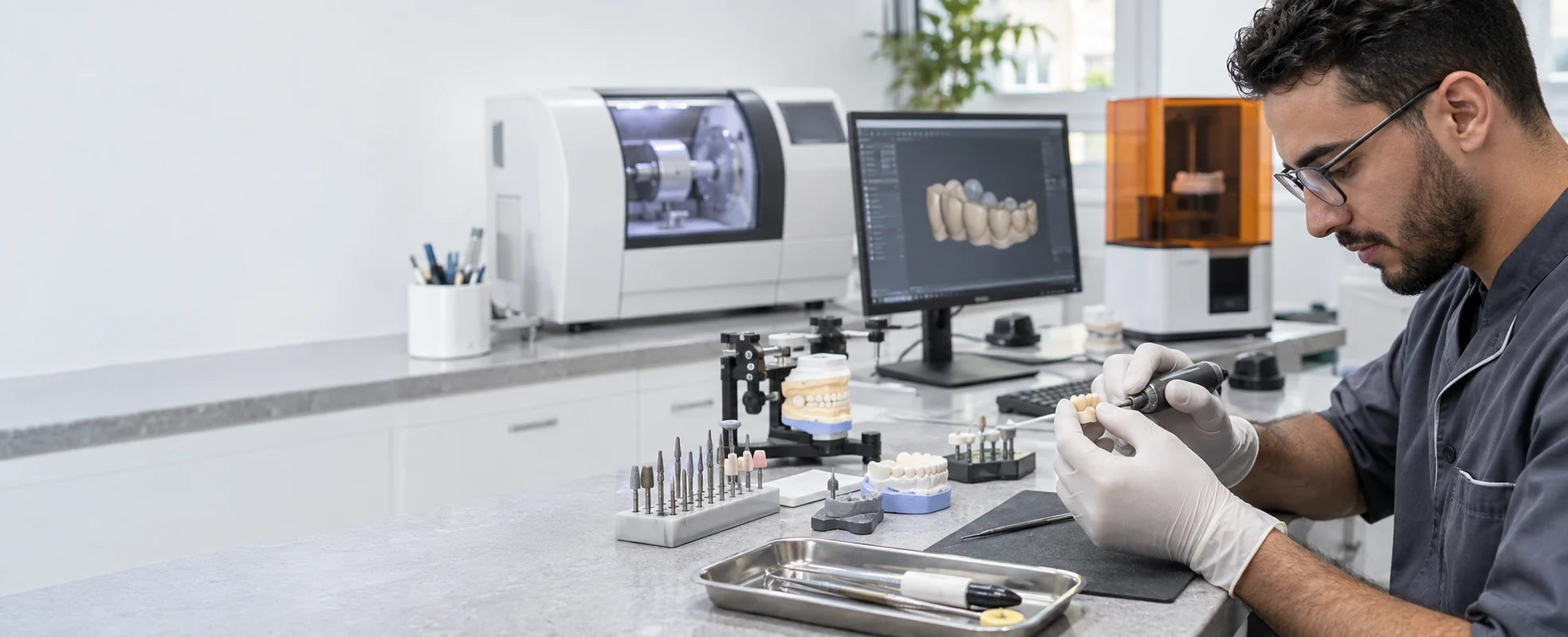 Technicien dentaire travaillant dans un laboratoire équipé pour la CAO, l’usinage et la finition
